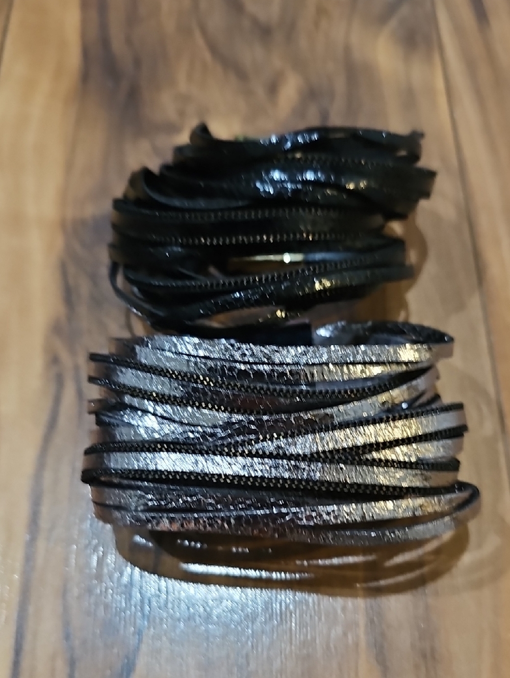 Set of 2 Layered Leather Wrap Bracelets in Black and Metallic